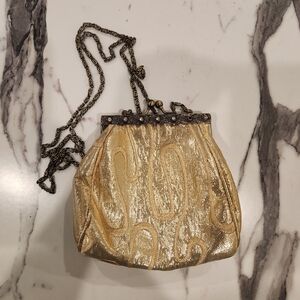 Vintage Gold Metallic Brocade Evening Bag With Beaded Frame and Chain Strap